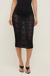 Jupe midi diaphane en dentelle