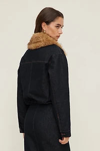 Faux Fur Collar Denim Aviator Jacket