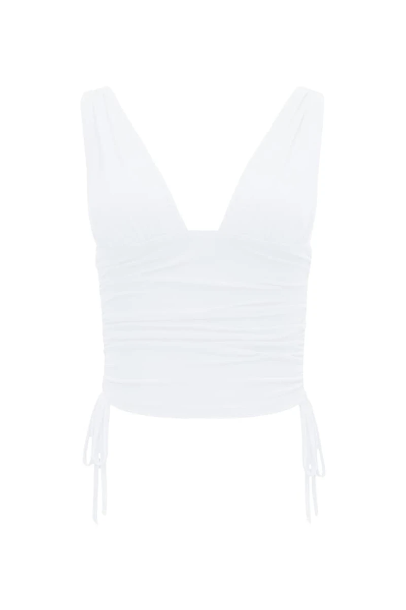 Plunge Ruched Tie Mesh Top