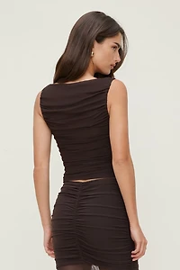 Ruched Boat Neck Mesh Tank Top