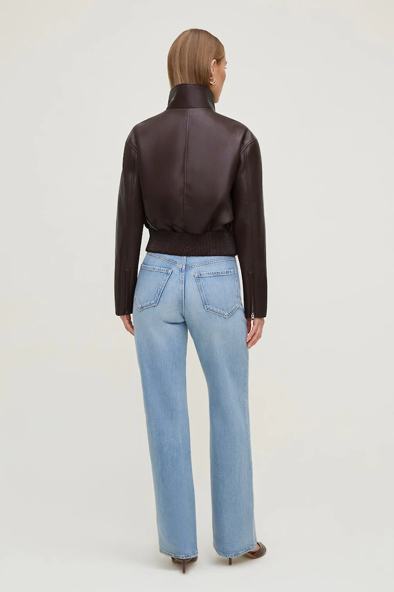 Cropped Faux Leather Bomber Jacket