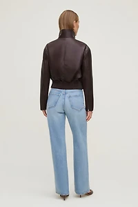 Cropped Faux Leather Bomber Jacket