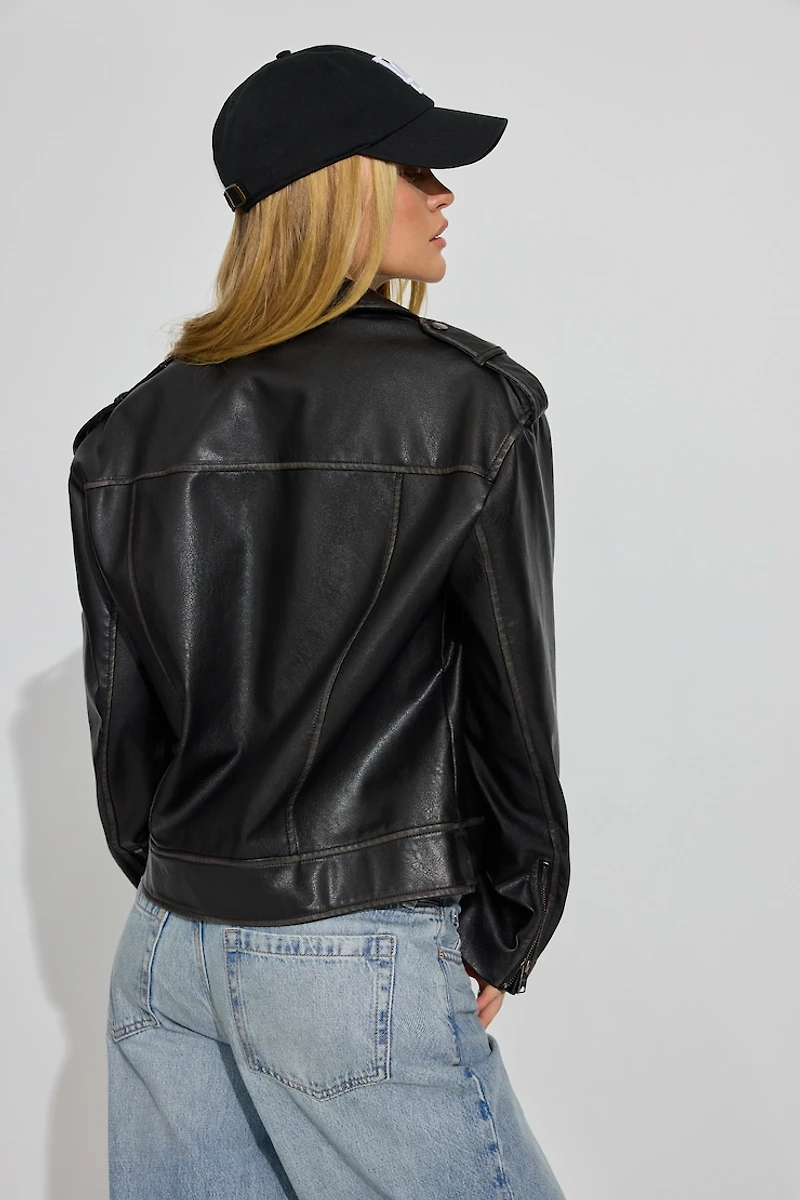 Washed Faux Leather Biker Jacket
