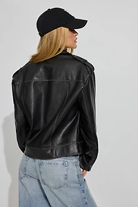 Washed Faux Leather Biker Jacket