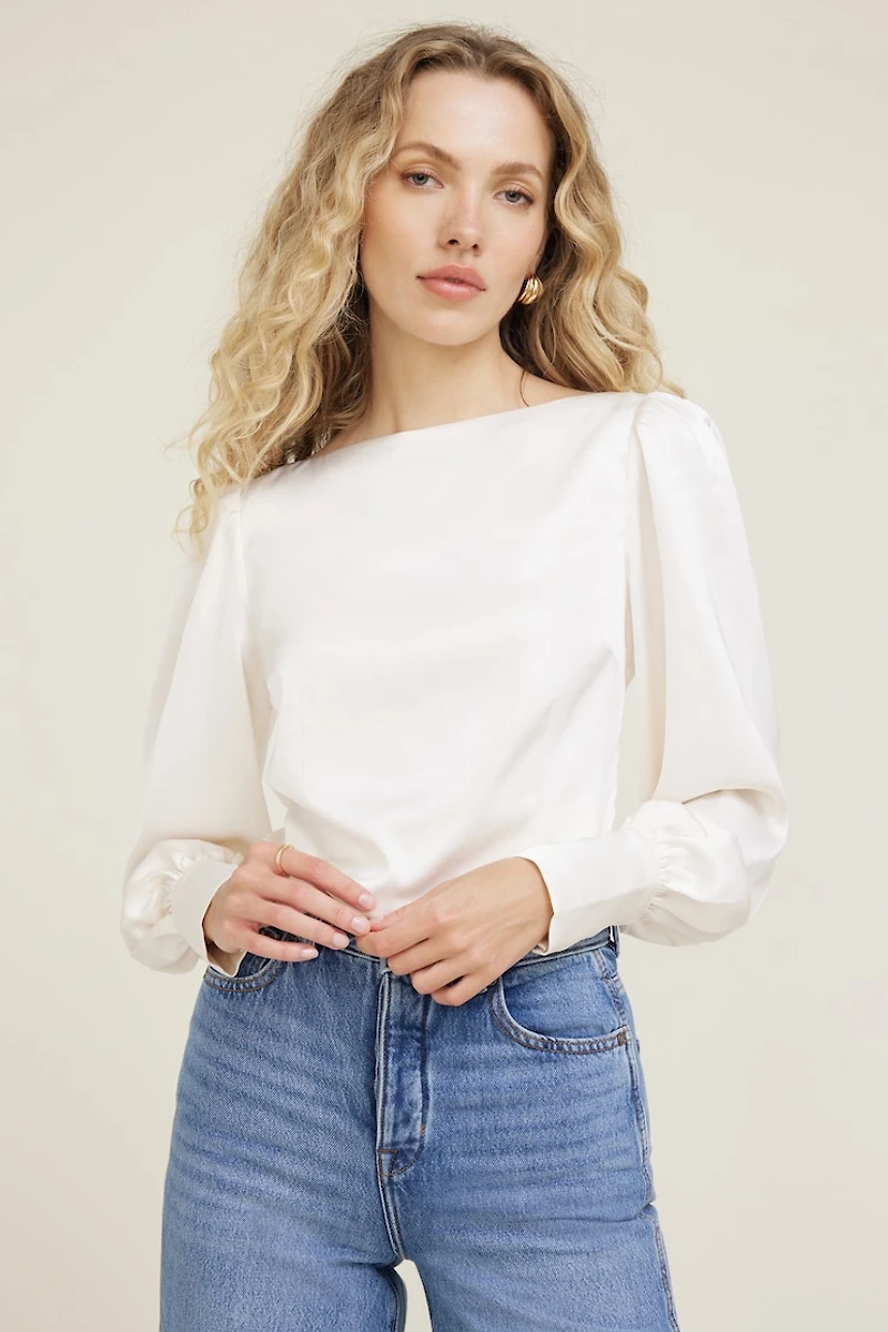 Faye Cropped Boat Neck Satin Blouse
