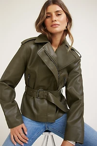 Belted Faux Leather Moto Jacket