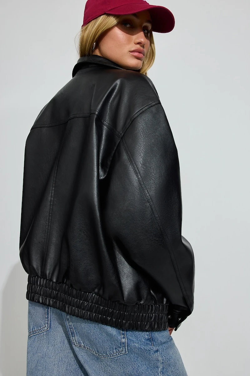 Oversized Faux Leather Stand Collar Bomber