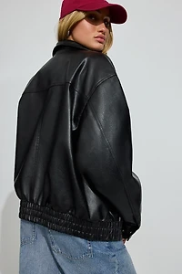Oversized Faux Leather Stand Collar Bomber