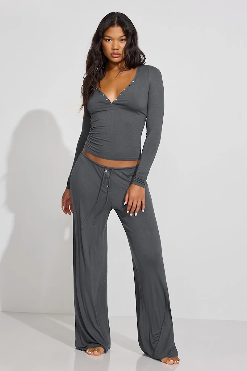 Sheer Ribbed Henley Long Sleeve Top