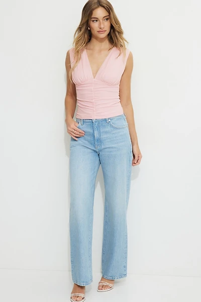 Shirred Plunge Mesh Top