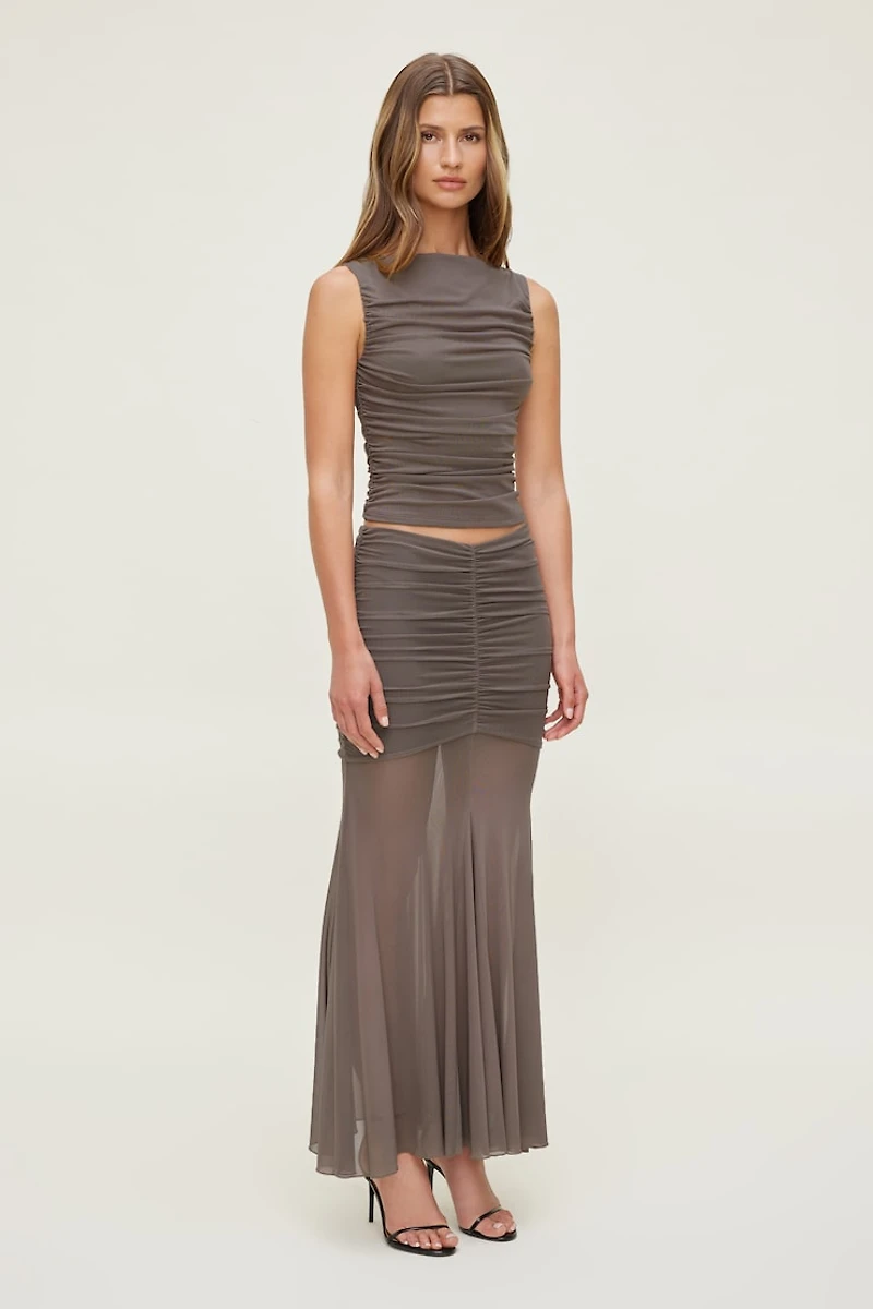 Ruched Mesh Maxi Skirt