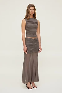 Ruched Mesh Maxi Skirt