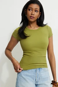 T-shirt côtelé à col rond Olive