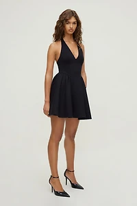 Plunging Flared Ponte Mini Dress