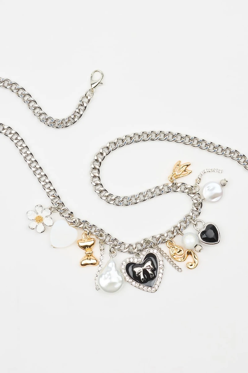Vintage Hearts & Pearls Charm Necklace