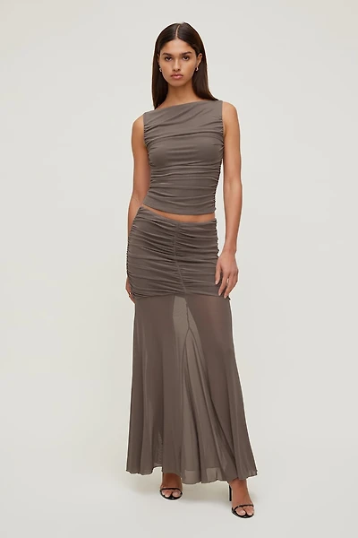 Ruched Boat Neck Mesh Tank Top