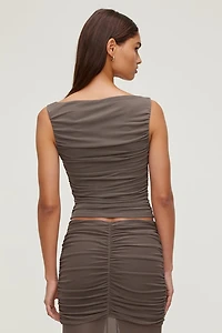 Ruched Boat Neck Mesh Tank Top