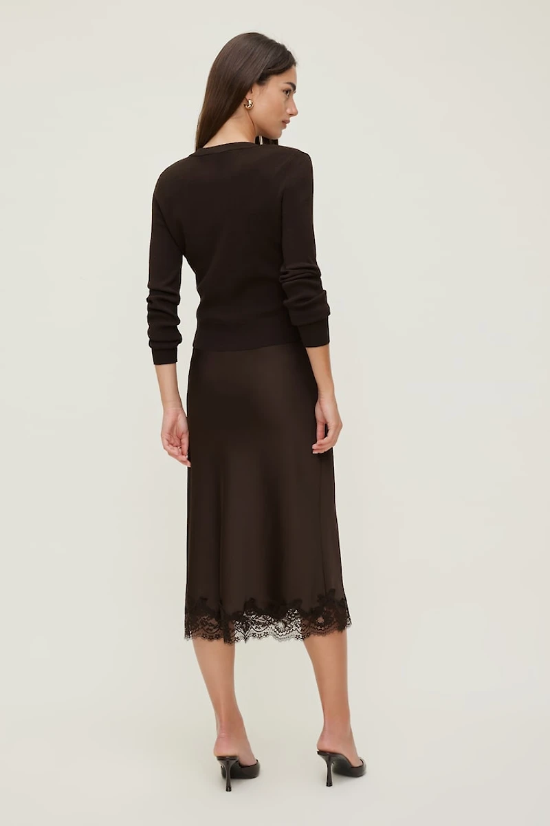 Jupe midi en satin et dentelle