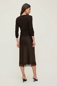 Jupe midi en satin et dentelle