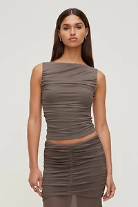 Ruched Boat Neck Mesh Tank Top