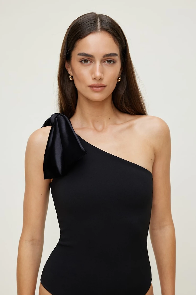 Single Shoulder Velvet Bow Bodysuit