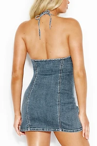 Denim Plunge Halter Dress