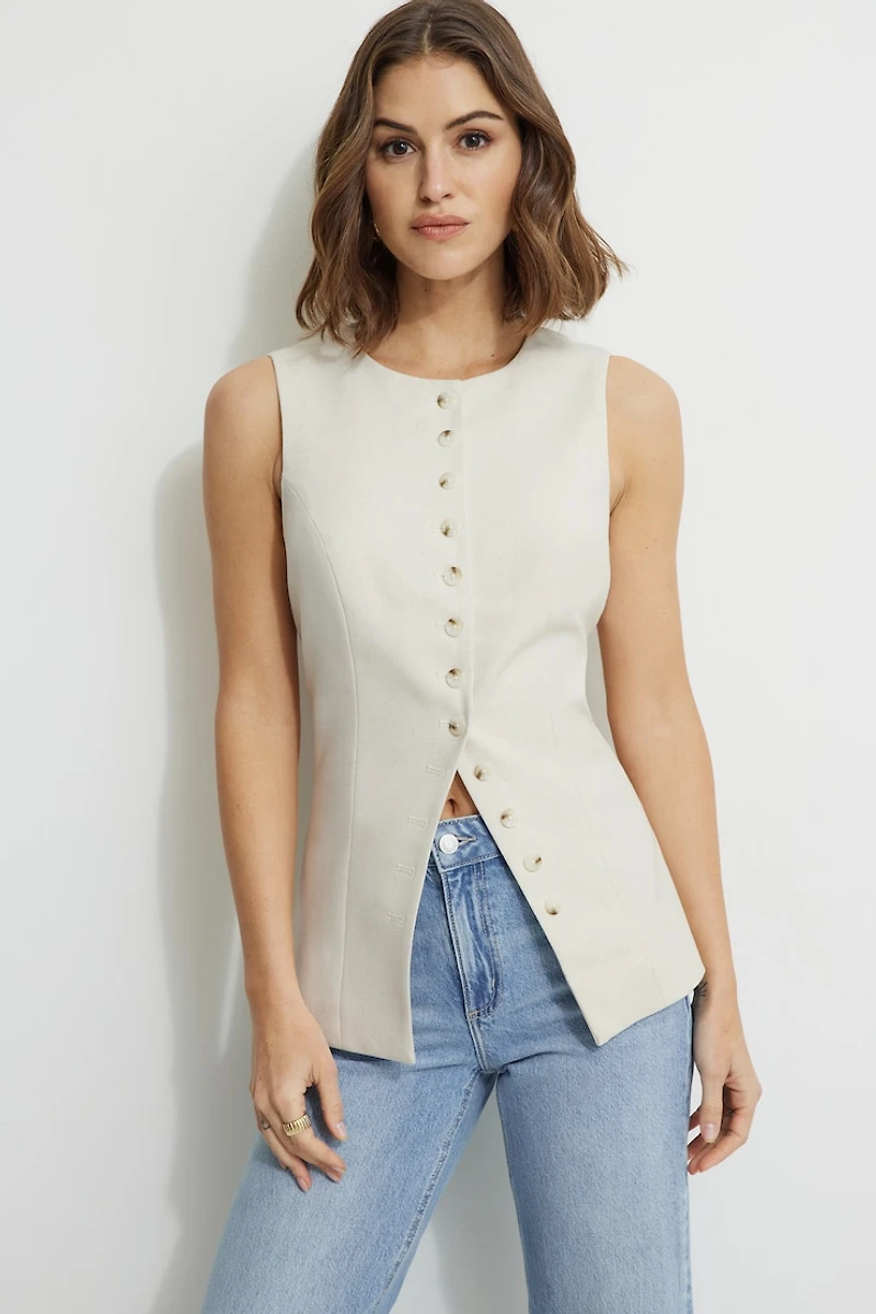 Veste sans manches ouverte à col rond