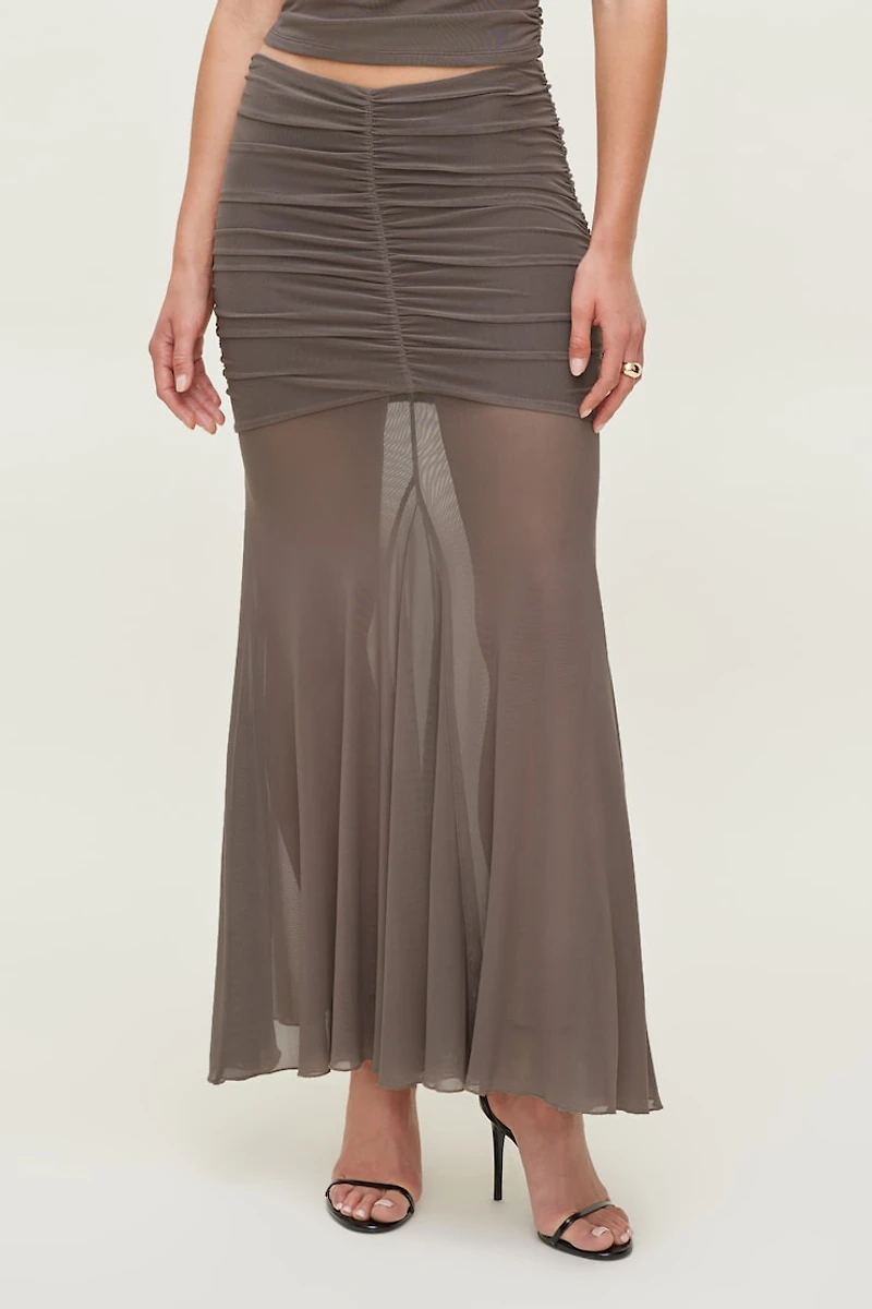 Ruched Mesh Maxi Skirt