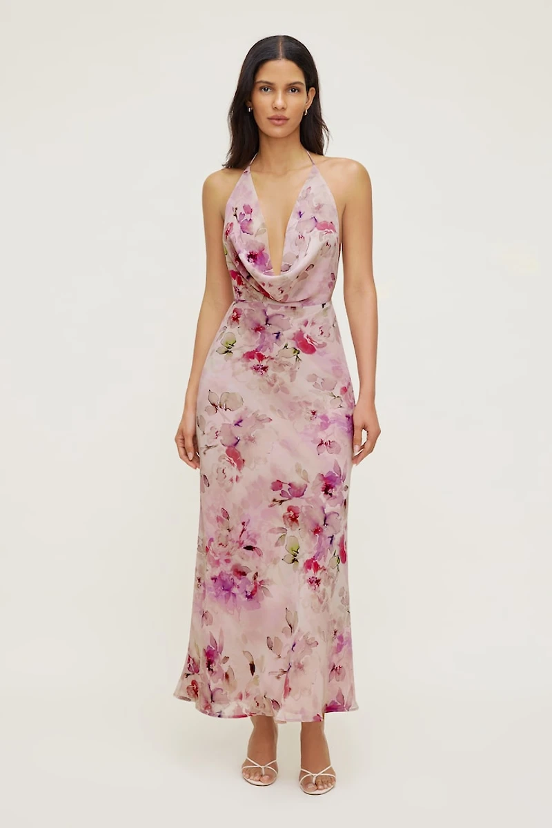 Floral Halter Cowl Neck Maxi Dress
