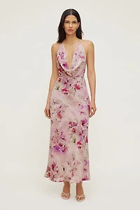 Floral Halter Cowl Neck Maxi Dress