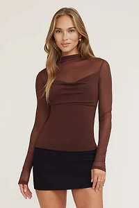 Long Sleeve Mesh Sheer Cowl Top