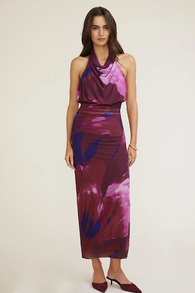 Halter Cowl Neck Mesh Maxi Dress