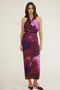 Halter Cowl Neck Mesh Maxi Dress