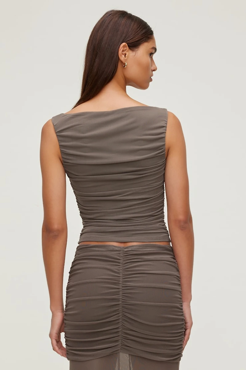 Ruched Boat Neck Mesh Tank Top