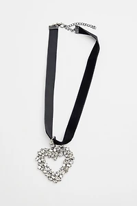 Oversized Gemmed Heart Ribbon Necklace