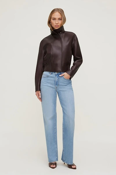 Cropped Faux Leather Bomber Jacket