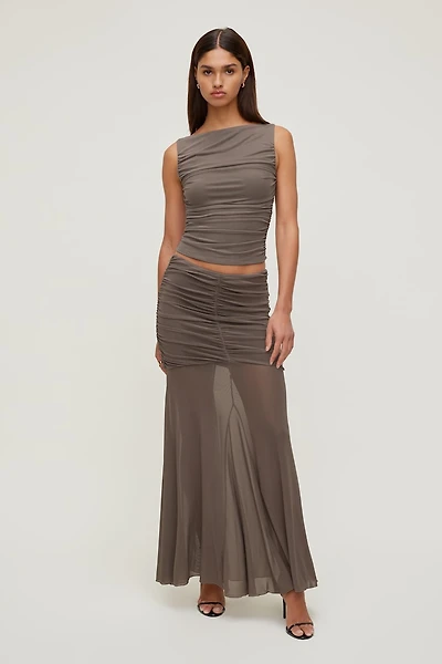 Ruched Boat Neck Mesh Tank Top