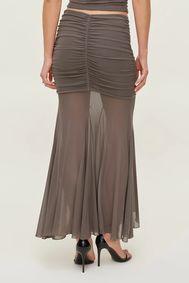 Ruched Mesh Maxi Skirt