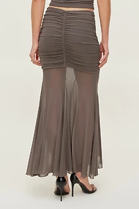Ruched Mesh Maxi Skirt