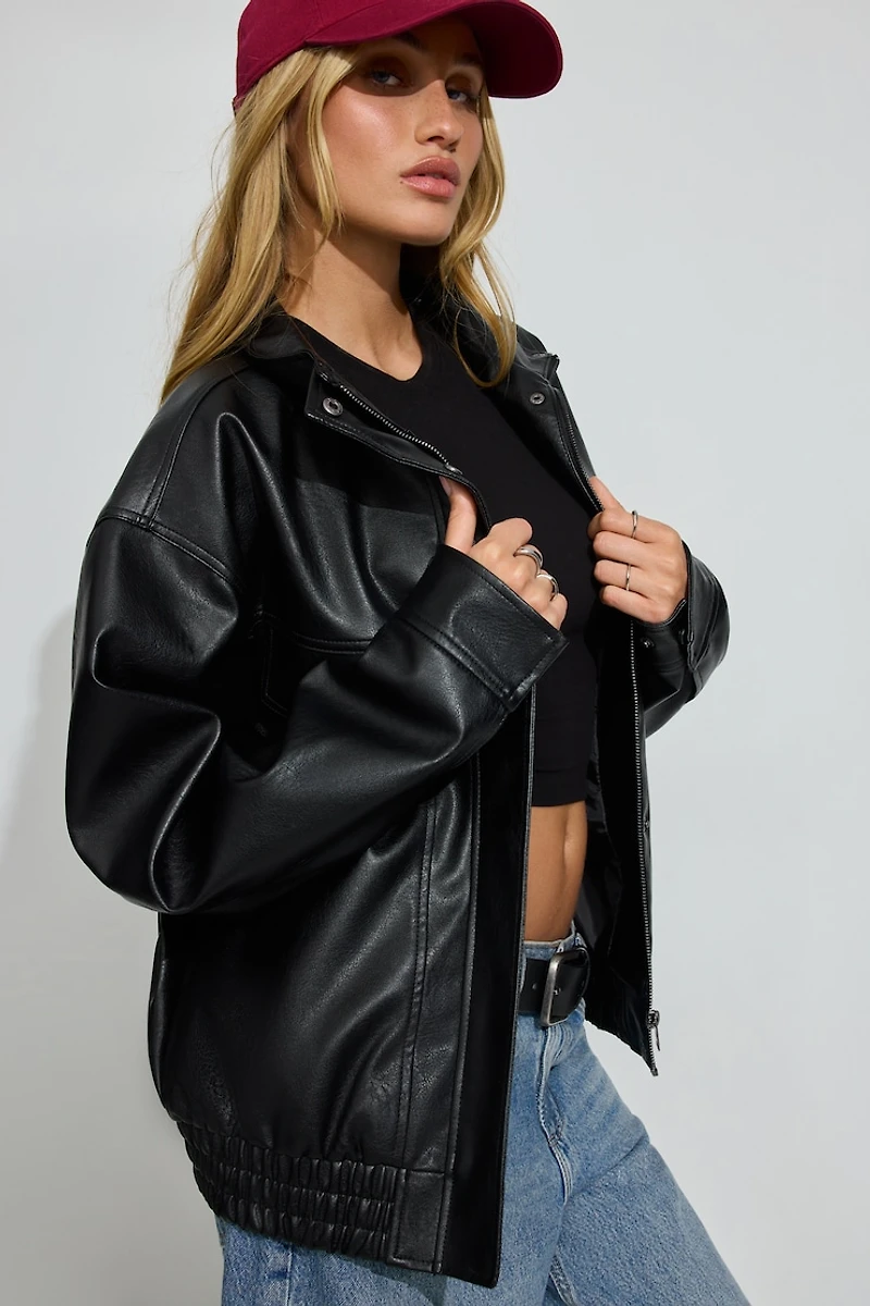 Oversized Faux Leather Stand Collar Bomber