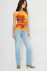 Printed Off Shoulder Mesh Top