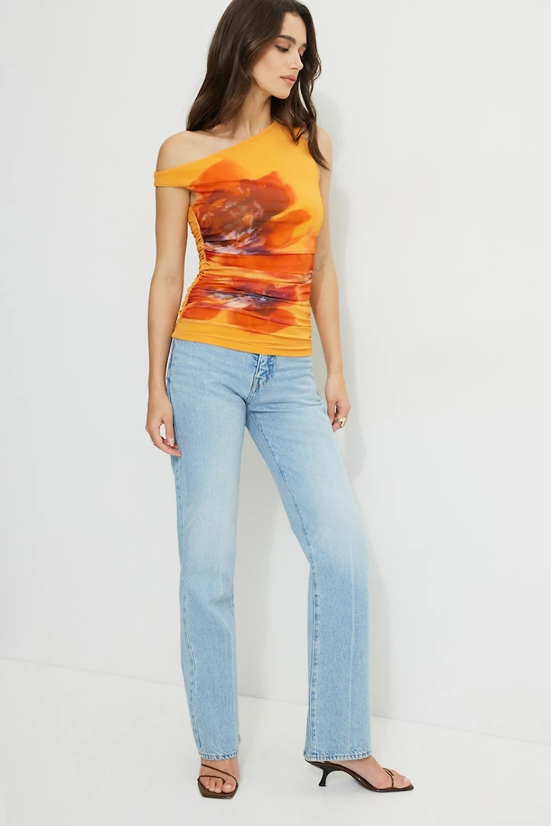 Printed Off Shoulder Mesh Top