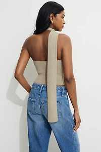 Haut côtelé métallique à col foulard et épaule unique