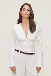 Draped V Neck Satin Blouse