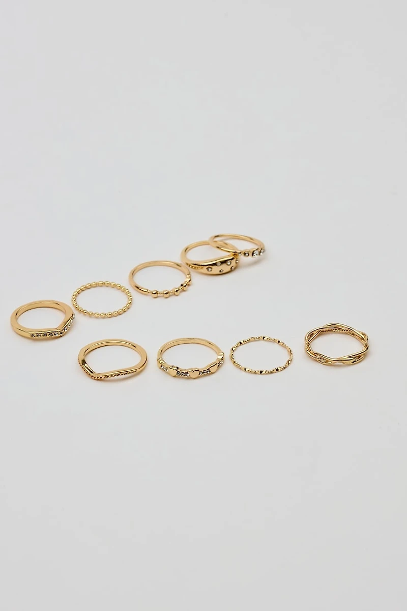Set of 9 Gemmed & Textured Rings