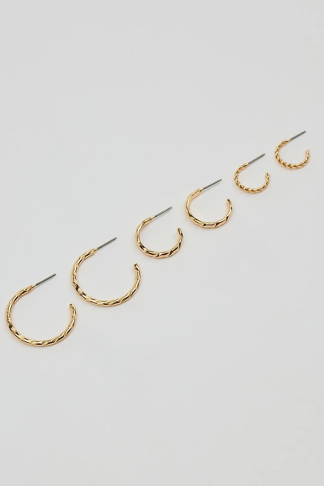 Set of 3 Textured Open Hoop Earrings
