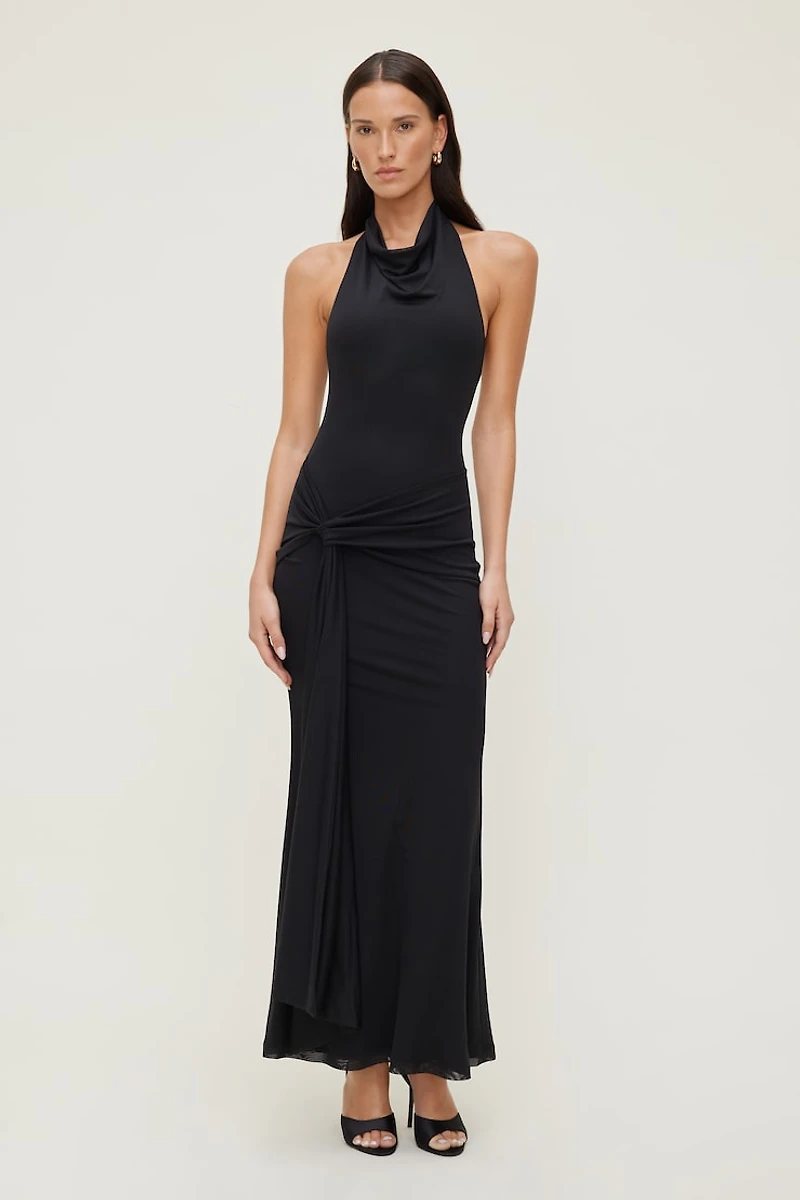 Front Drape Mesh Maxi Dress