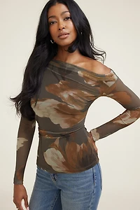 Cleo Printed Mesh Long Sleeve Top