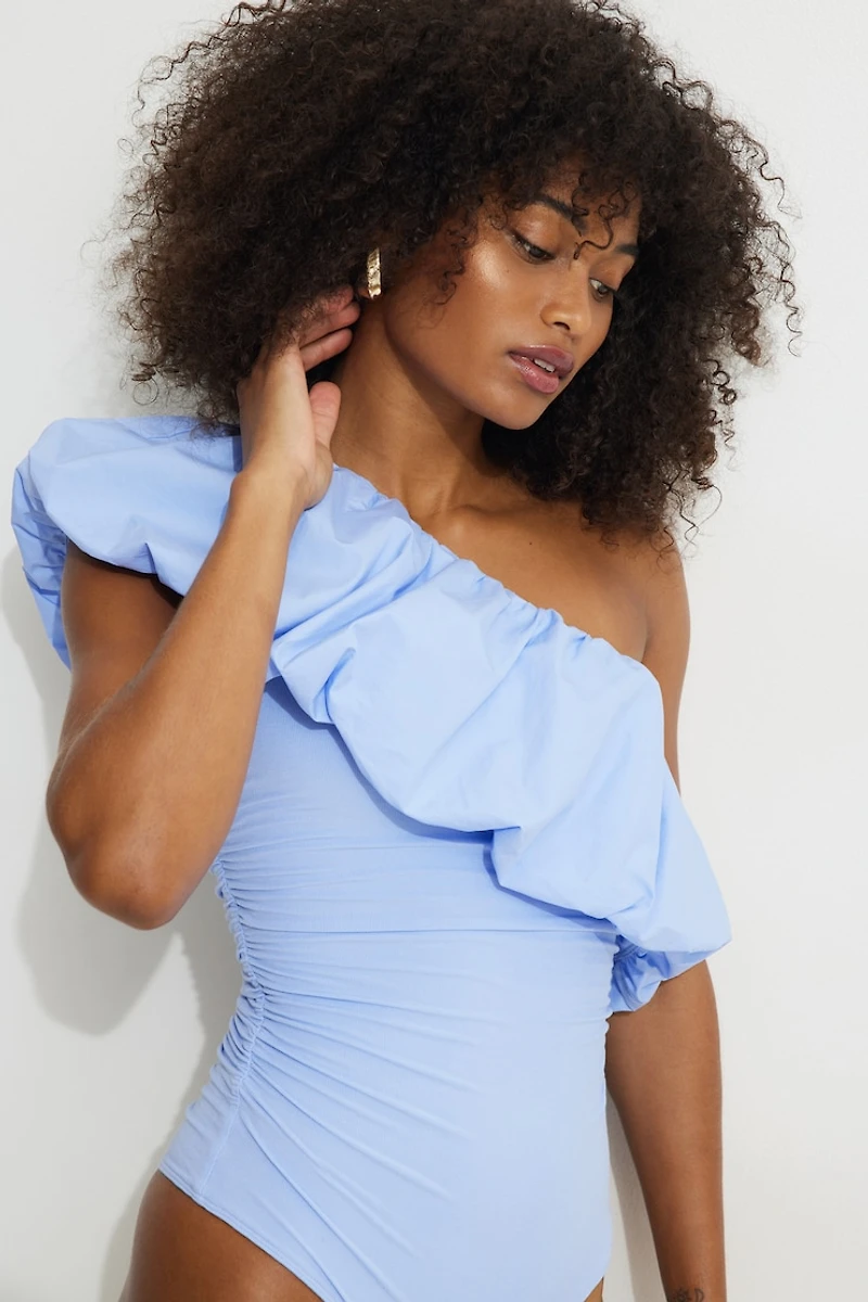 Single Shoulder Puff Sleeve Bodysuit