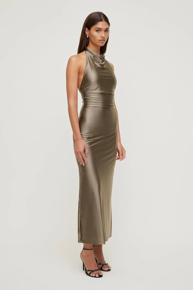Stretch Satin Halter Maxi Dress